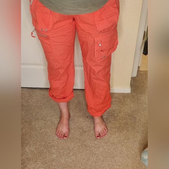Lulu-B 10 Coral Red Full Length Roll Up Zipper Cargo Women’s Pants - Picture 9 of 14
